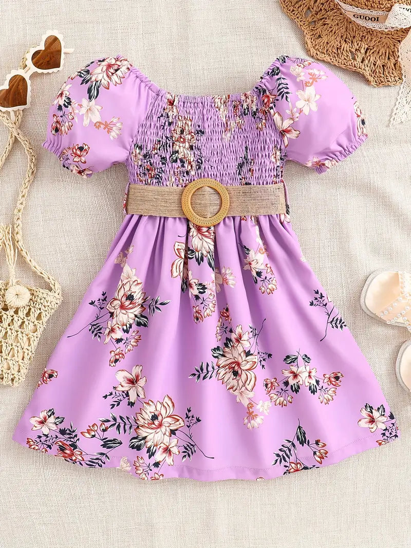 Robe fille été à fleurs vert menthe – Manches bouffantes et ceinture tressée