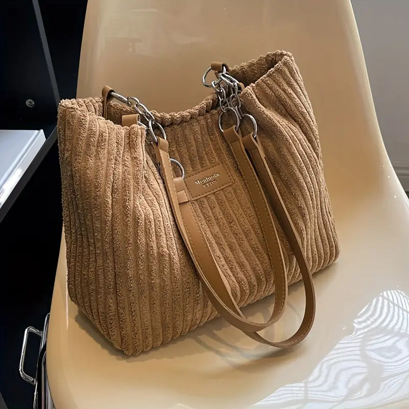 Sac Cabas Femme en Velours Côtelé Beige avec Anses Marron – Élégant et Tendance