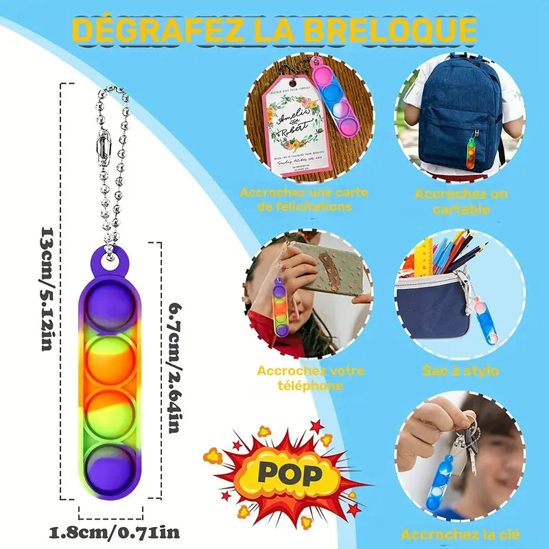 Porte-clés Enfant Pop It Antistress – Lot de 30 Mini Porte-clés Colorés Sensoriels en Silicone