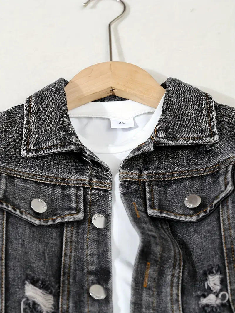 Ensemble Garçon Jean Noir – Veste en Denim + Pantalon Déchiré Style Décontracté