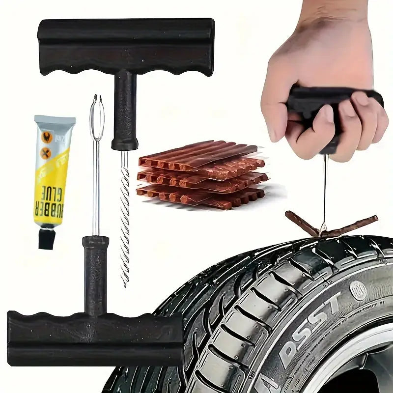 Kit Réparation Pneu Moto et Auto – Outils avec Mèches, Colle et Aiguille pour Crevaison Rapide