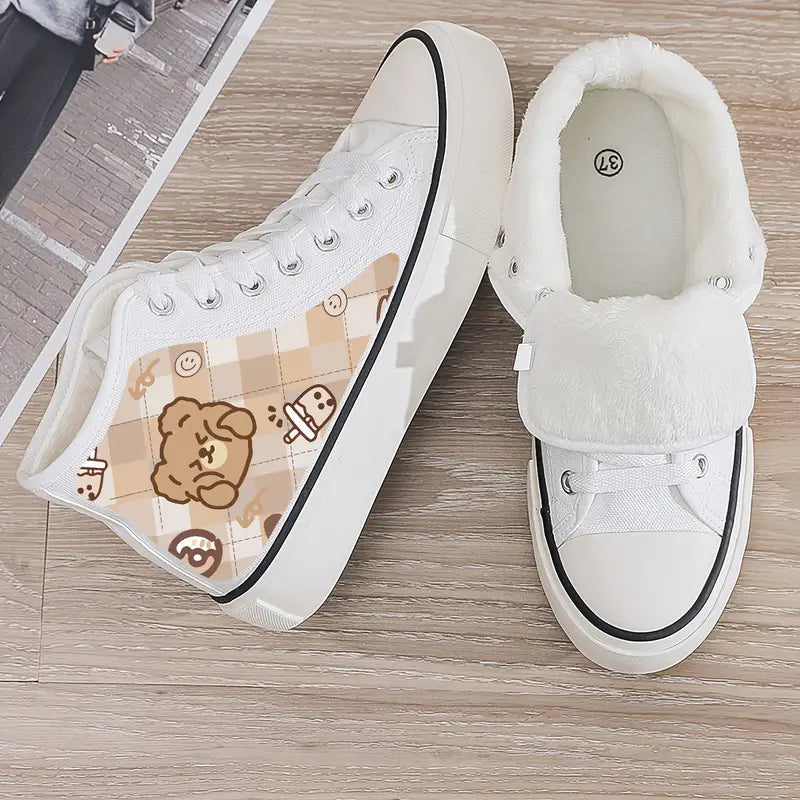 Chaussures de sport fille – Baskets montantes blanches avec motif ourson kawaii confortables et tendance