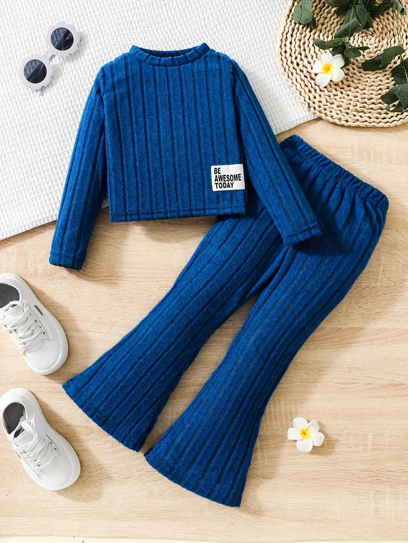 Ensemble fille 2 pièces côtelé mauve – Haut manches longues et pantalon évasé