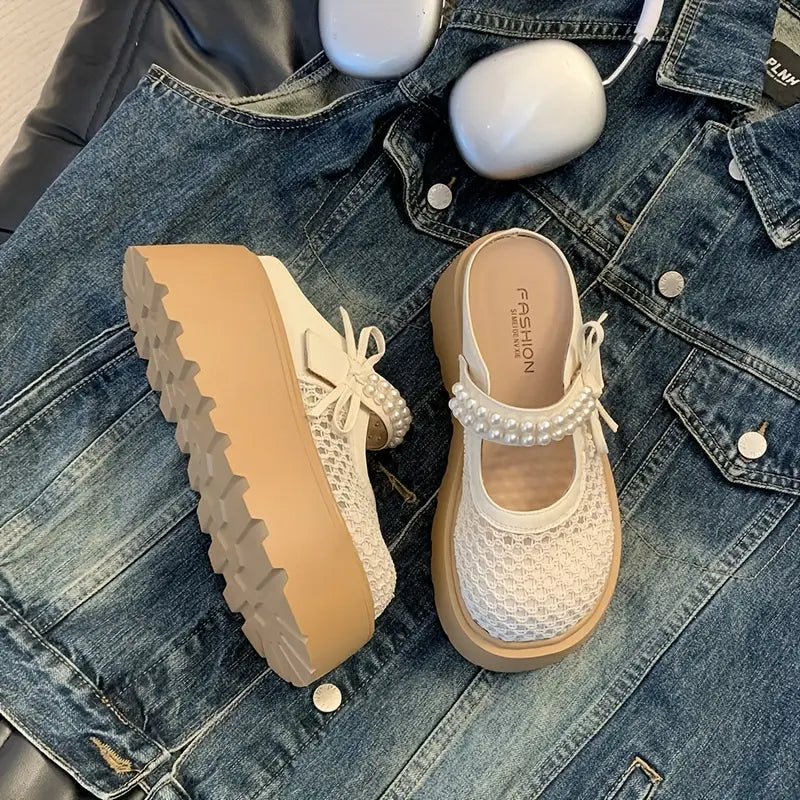 Mules fille plateforme tendance – Sabots ajourés avec perles décoratives et semelle épaisse