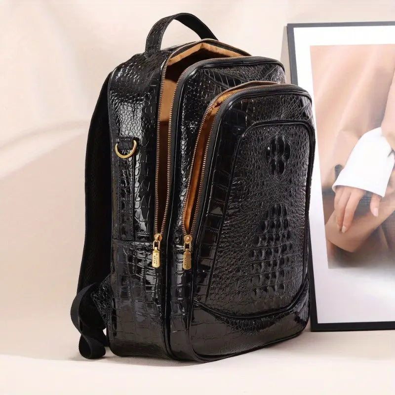 Sac à dos homme en cuir noir motif crocodile – Élégant et spacieux pour affaires ou voyages