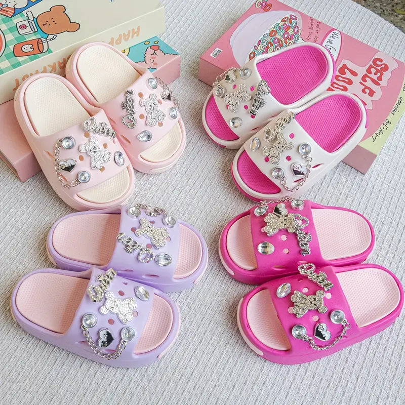 Sandales fille été avec strass et breloques – Pantoufles légères et confortables, style princesses
