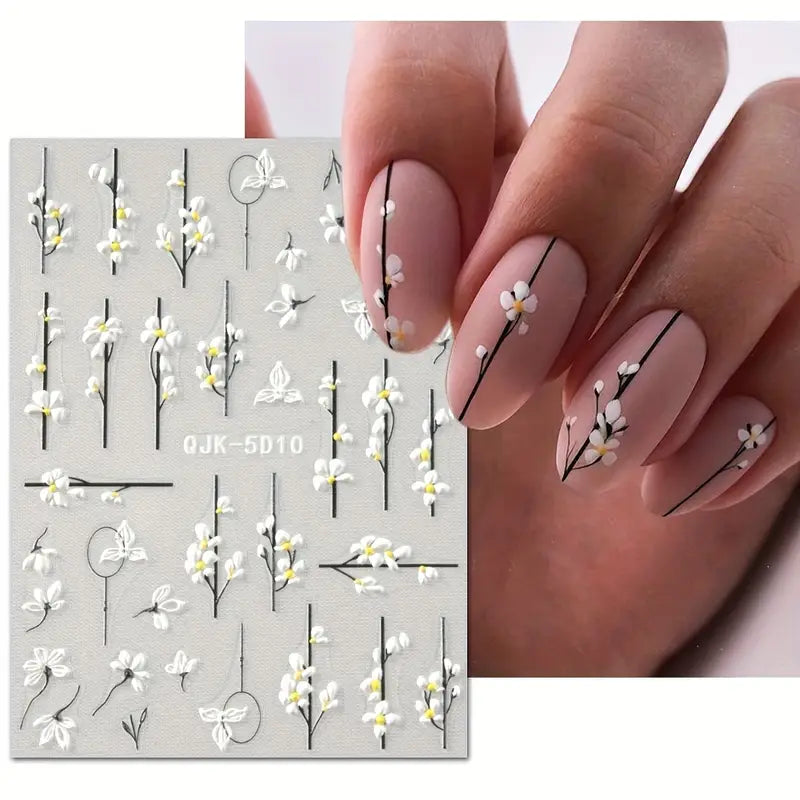 Stickers Nail Art Fleurs 3D – Décorations Ongles Autocollantes pour Manucure Florale Élégante
