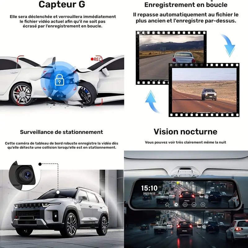 Rétroviseur Voiture Tactile avec Caméra Intégrée – Grand Écran HD, Champ de Vision Réglable