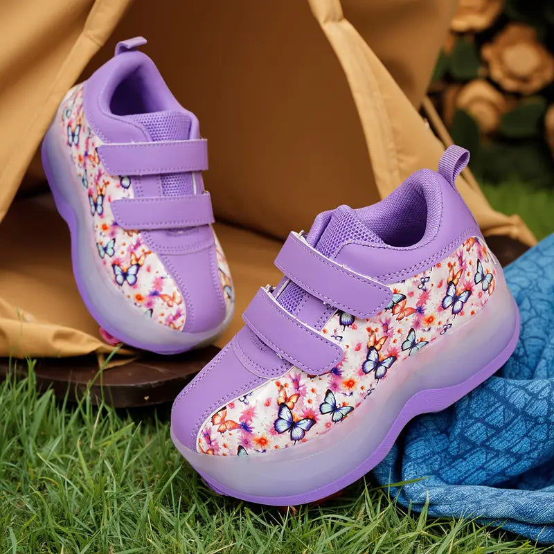 Chaussures de sport fille – Baskets violettes à scratch avec imprimé papillons colorés tendance