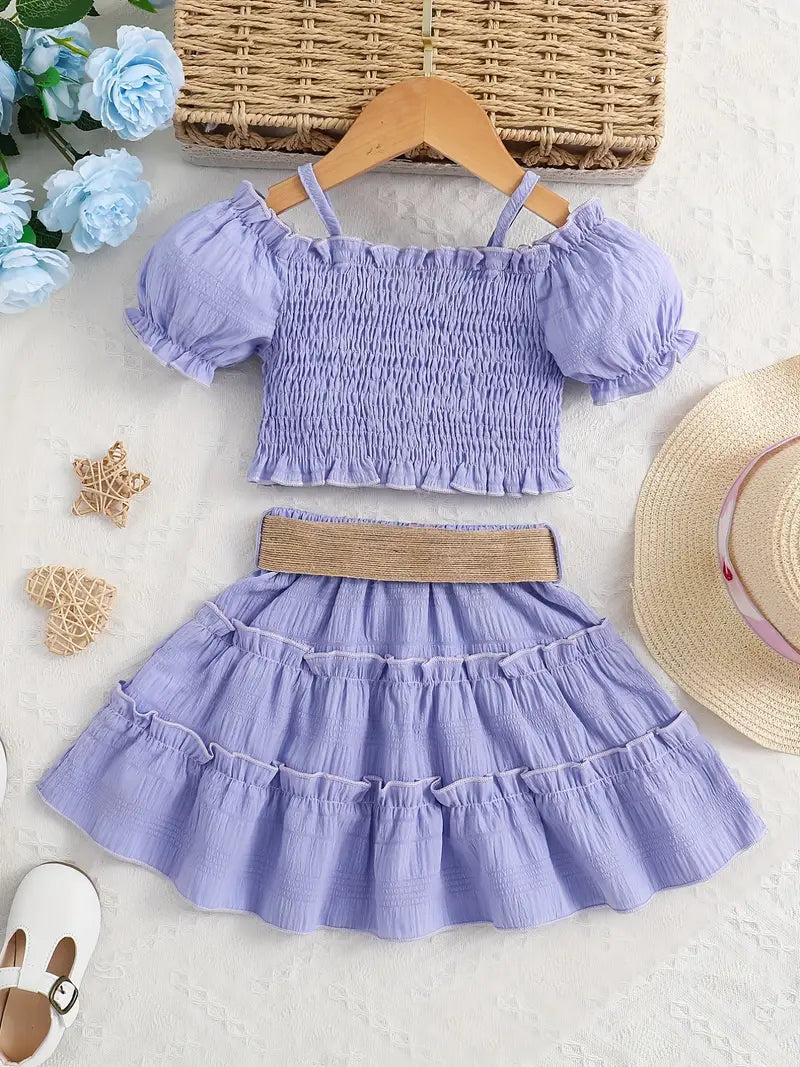 Ensemble fille été 2 pièces – Haut court à manches bouffantes et jupe volantée