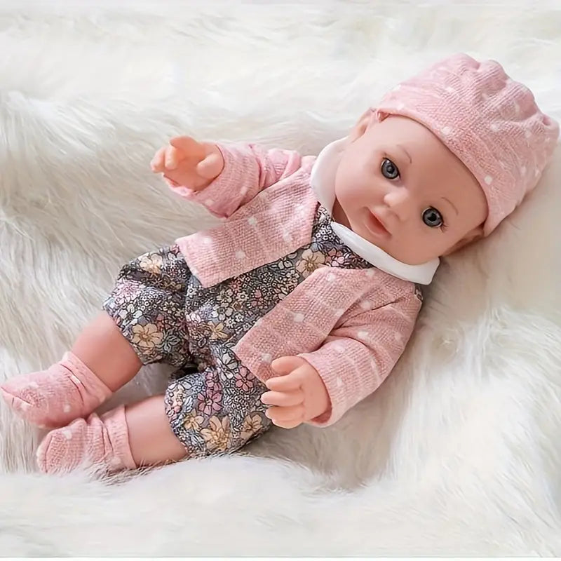 Poupée bébé réaliste 30 cm avec vêtements fleuris et bonnet rose/marron – Idéal jeu d’imitation et cadeau enfant