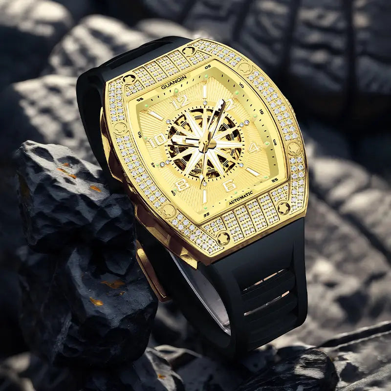 Montre homme automatique squelette – Mouvement mécanique apparent avec boîtier doré