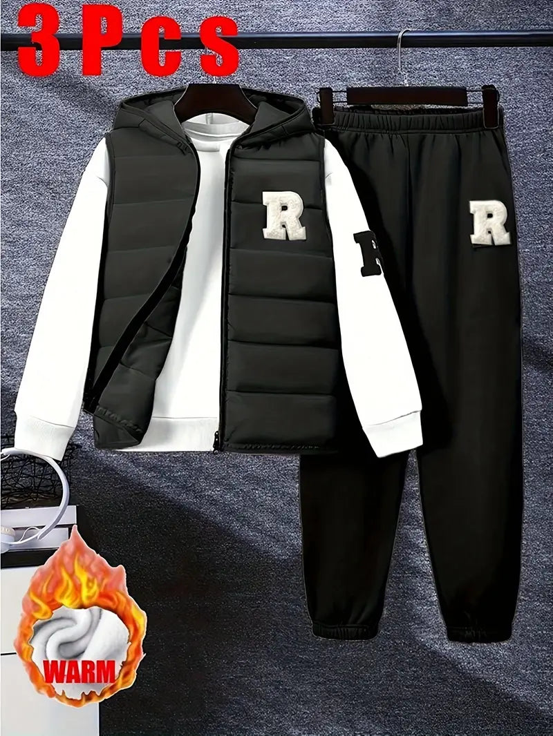 Ensemble Garçon 3 Pièces Chaud – Veste Matelassée, Sweat et Pantalon Sport Beige