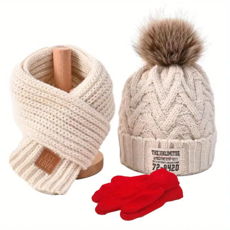 Ensemble Bonnet Pompon, Écharpe Tricot et Gants Enfant – Hiver Chaud et Confort