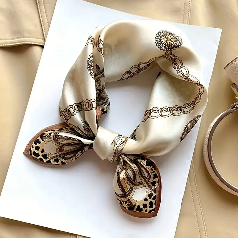 Foulard carré femme soie imprimé chaînes et léopard – Écharpe élégante et chic