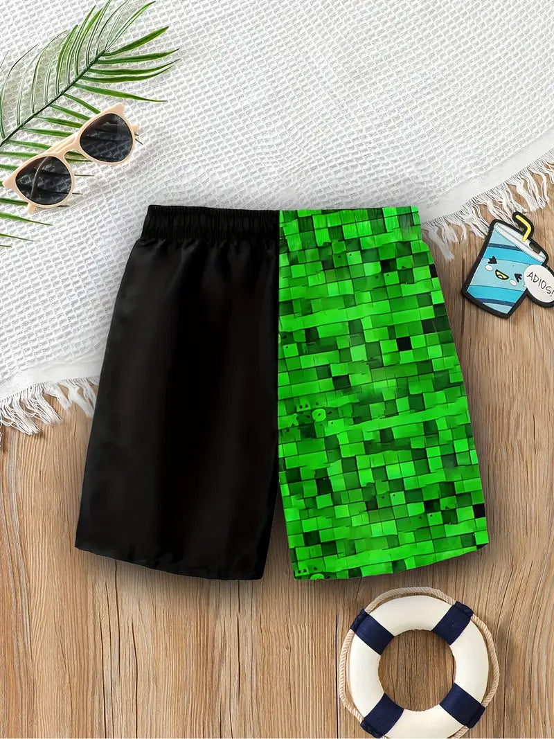 Maillot de bain garçon short plage vert et noir style pixel – Confort léger et séchage rapide