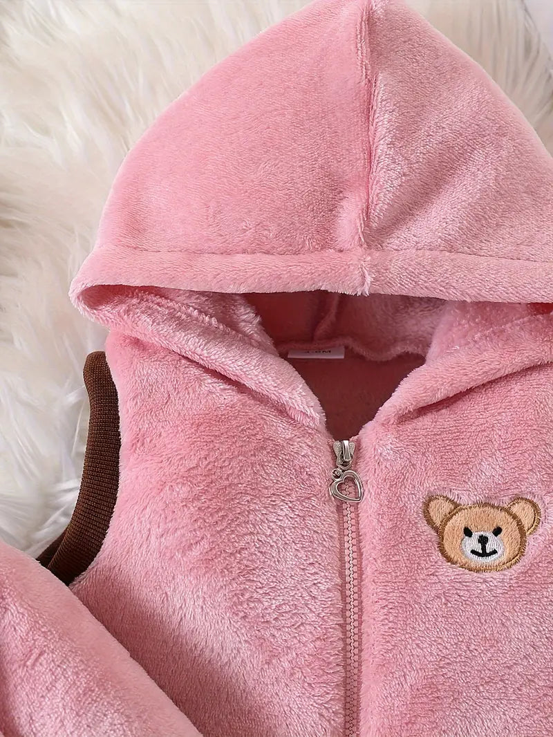Ensemble Bébé Hiver en Polaire Rose – 3 Pièces Chaudes avec Sweat Ours, Gilet à Capuche et Pantalon