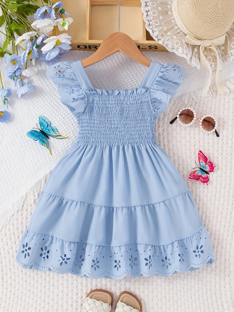 Robe fille bleu roi à volants – Robe d’été élégante avec détails ajourés