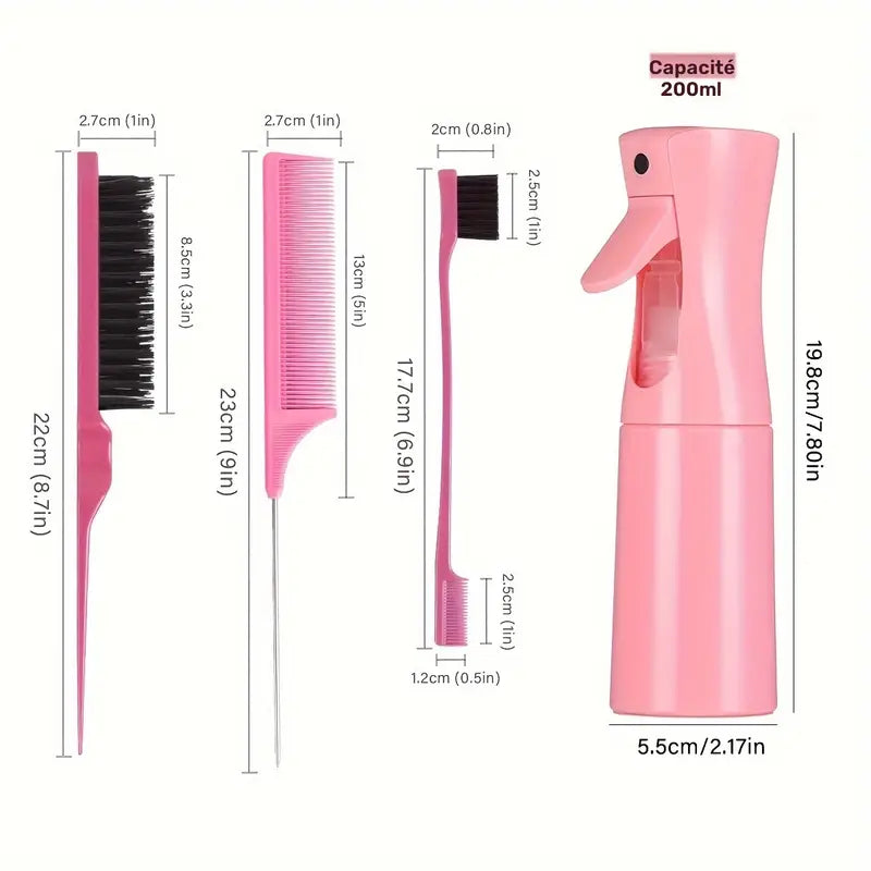 Kit Coiffure Complet 4 en 1 – Brosse, Peignes, Brosse à Baby Hair et Vaporisateur pour Styling Précis