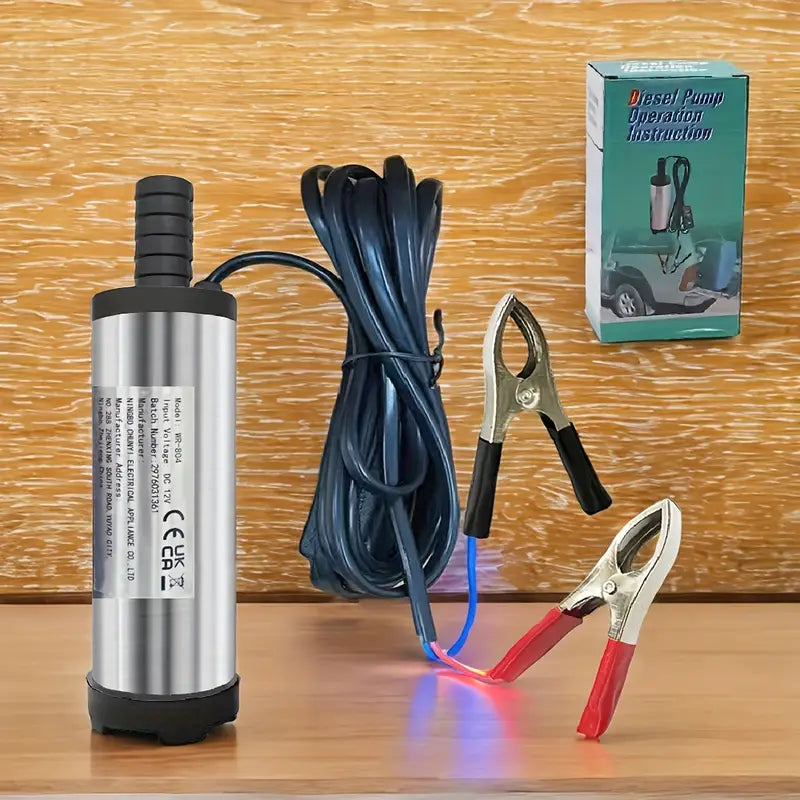 Pompe Submersible 12V en Acier Inoxydable – Pompe à Carburant Portative avec Pinces Crocodile pour Transfert de Diesel et Eau
