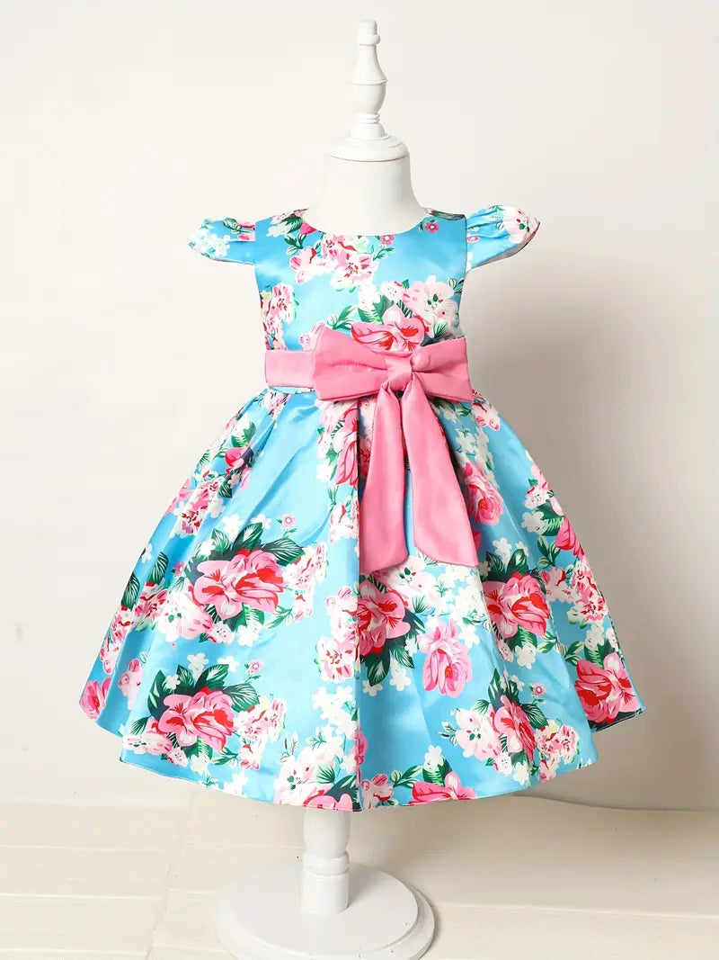 Robe fille élégante à fleurs multicolores – Robe de cérémonie avec grand nœud violet