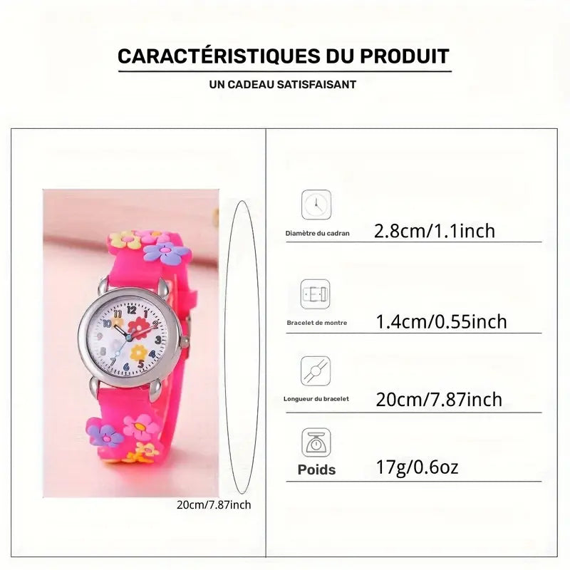 Montre Enfant Fille Rose avec Motifs Fleurs – Bijou Ludique et Coloré pour Apprendre l’Heure