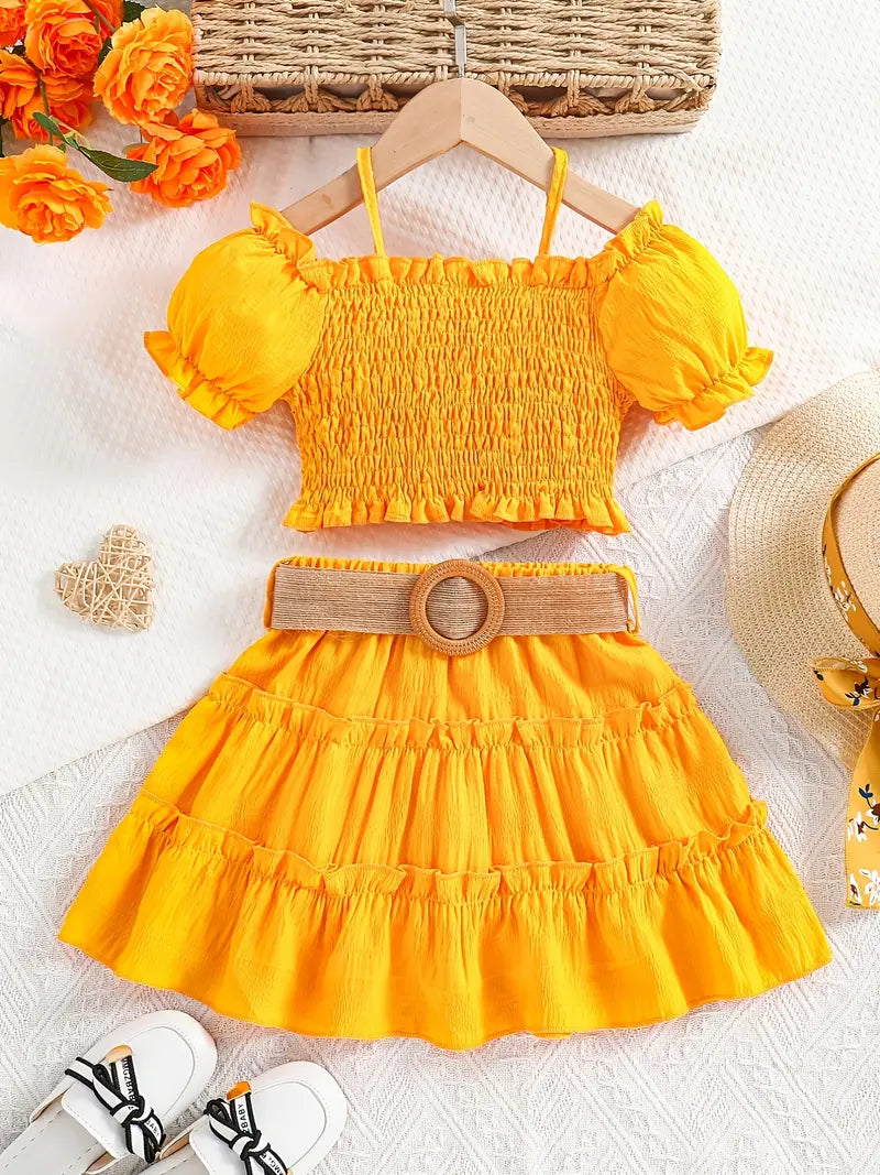 Hauts fille été chic – Top smocké à manches bouffantes avec jupe assortie rose