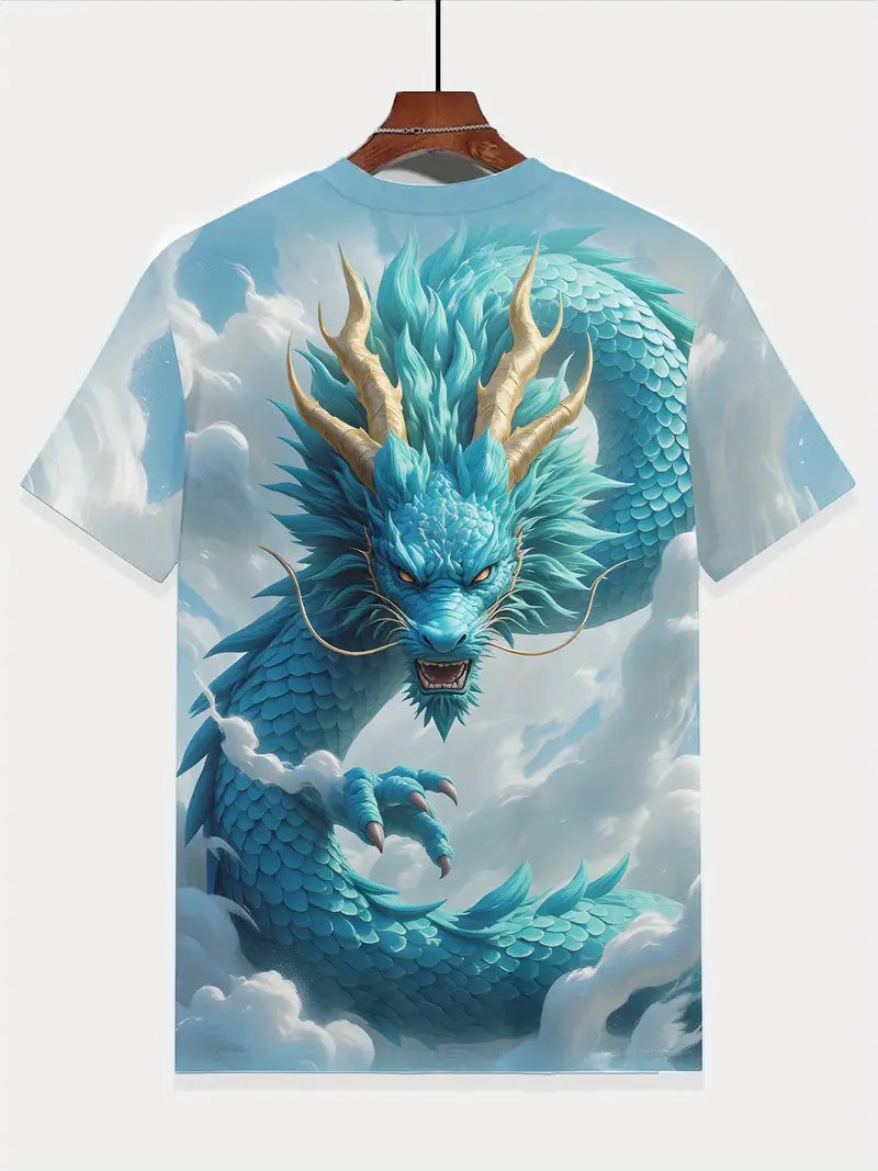 T-shirt Garçon Fantaisie Dragon Bleu – Motif 3D Écailles et Nuages