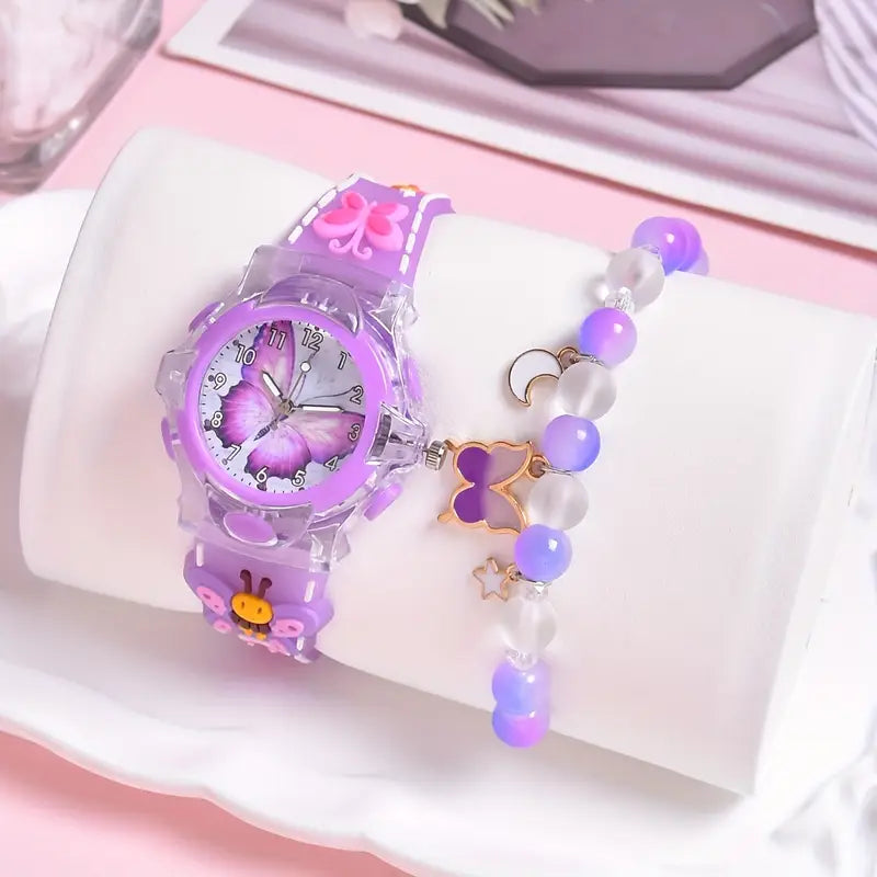 Montre Enfant Fille Rose Papillon – Bracelet Fantaisie avec Breloques, Apprentissage de l’Heure