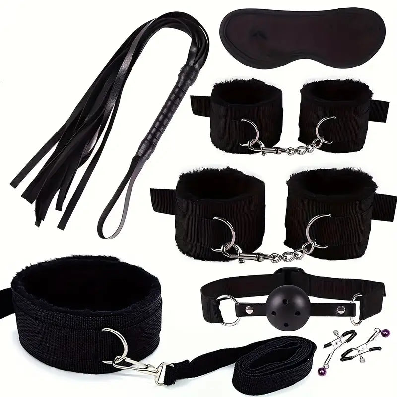 Coffret BDSM 7 Pièces – Kit de Soumission avec Menottes, Fouet, Bâillon et Accessoires Douillets