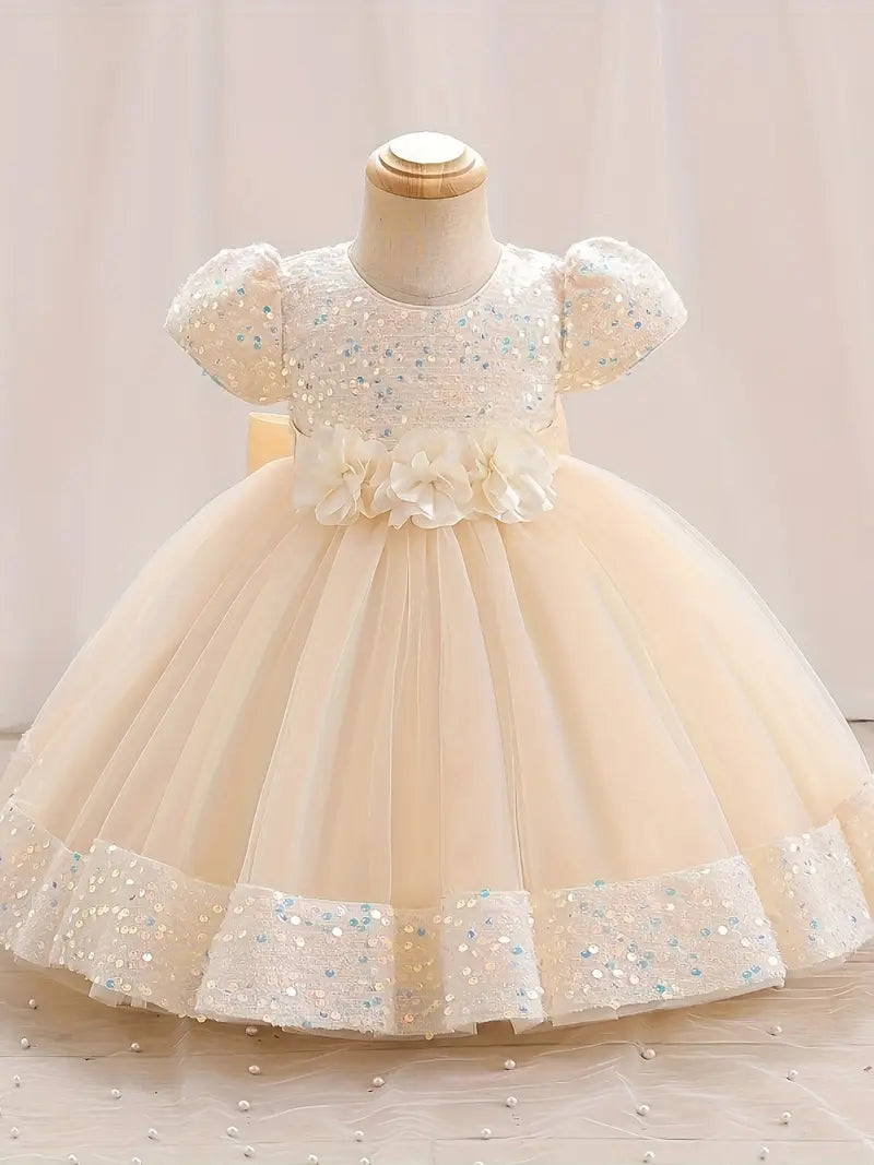 Robe fille de cérémonie bleu princesse – Tulle pailleté et fleurs décoratives