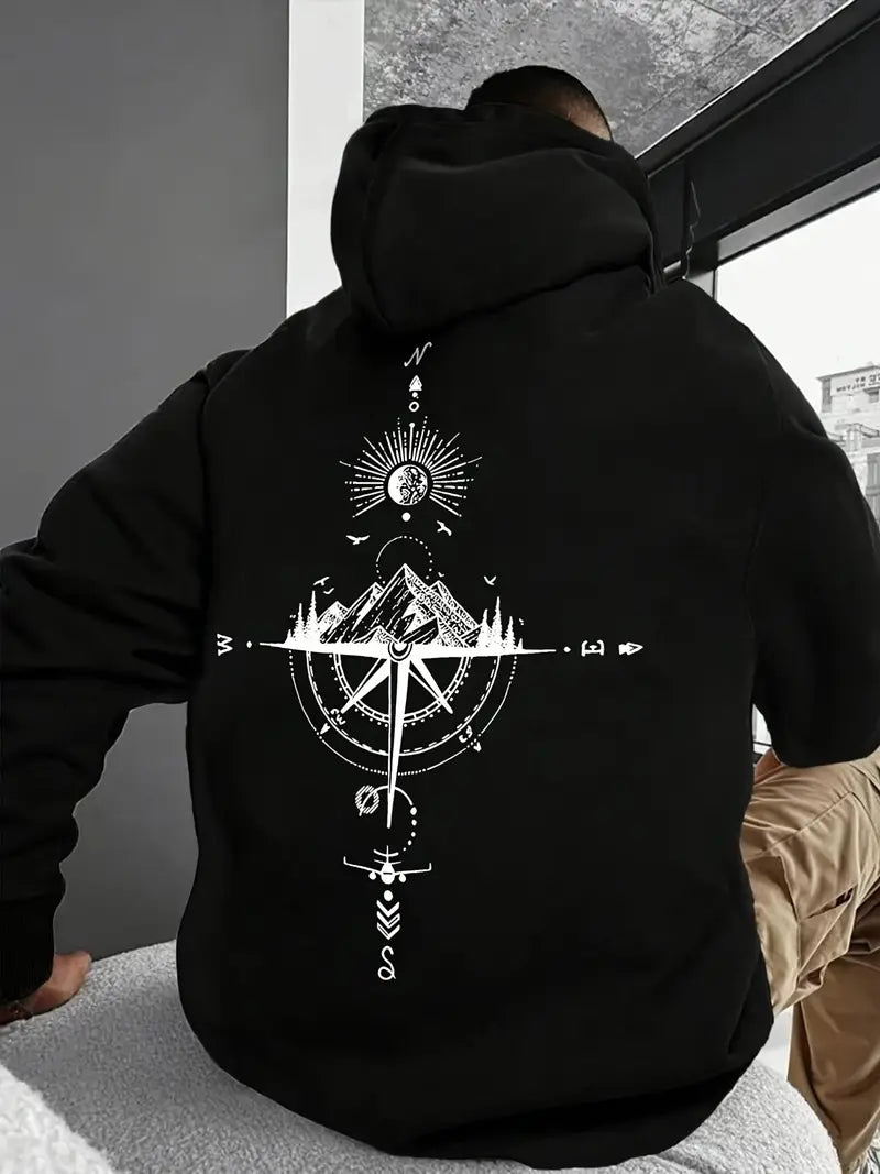 Sweat à capuche homme – Hoodie gris sport avec imprimé boussole & montagne – Style streetwear et confort