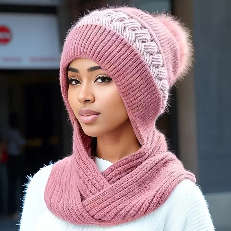 Bonnet femme hiver chaud noir avec pompon – Chapeau tricoté doublé polaire élégant