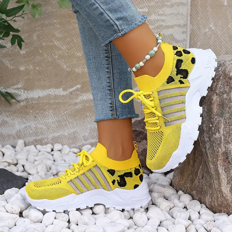 Baskets femme blanches motif léopard – Chaussures de sport respirantes et légères pour marche, fitness et quotidien