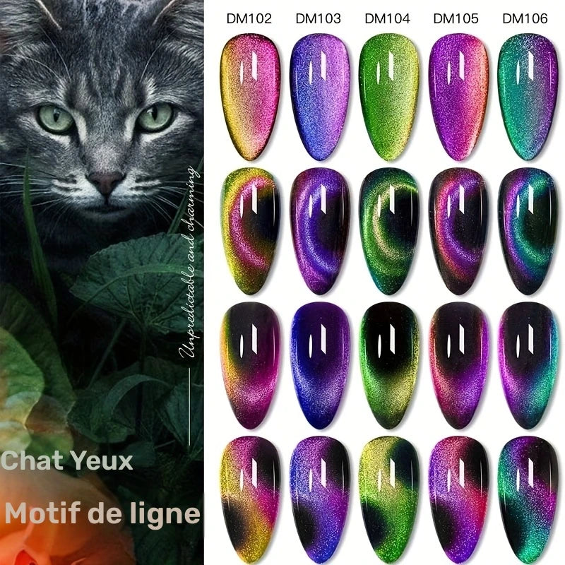 Ensemble 6 Vernis Gel Cat Eye Magnétique – Effet Œil de Chat 9D Holographique UV/LED, 8ml + Aimant Inclus