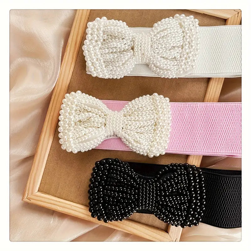 Ceinture Femme Élastique avec Nœud en Perles – Accessoire Chic et Élégant pour Robe et Manteau