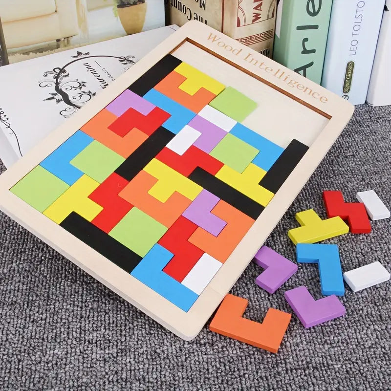 Casse-Tête Tetris en Bois – Puzzle Éducatif Coloré pour Enfants et Adultes, Jeu de Logique et Réflexion