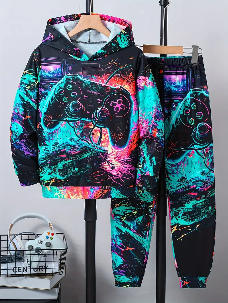 Ensemble Garçon Streetwear Coloré – Sweat à Capuche et Pantalon Motif Peinture Fluo