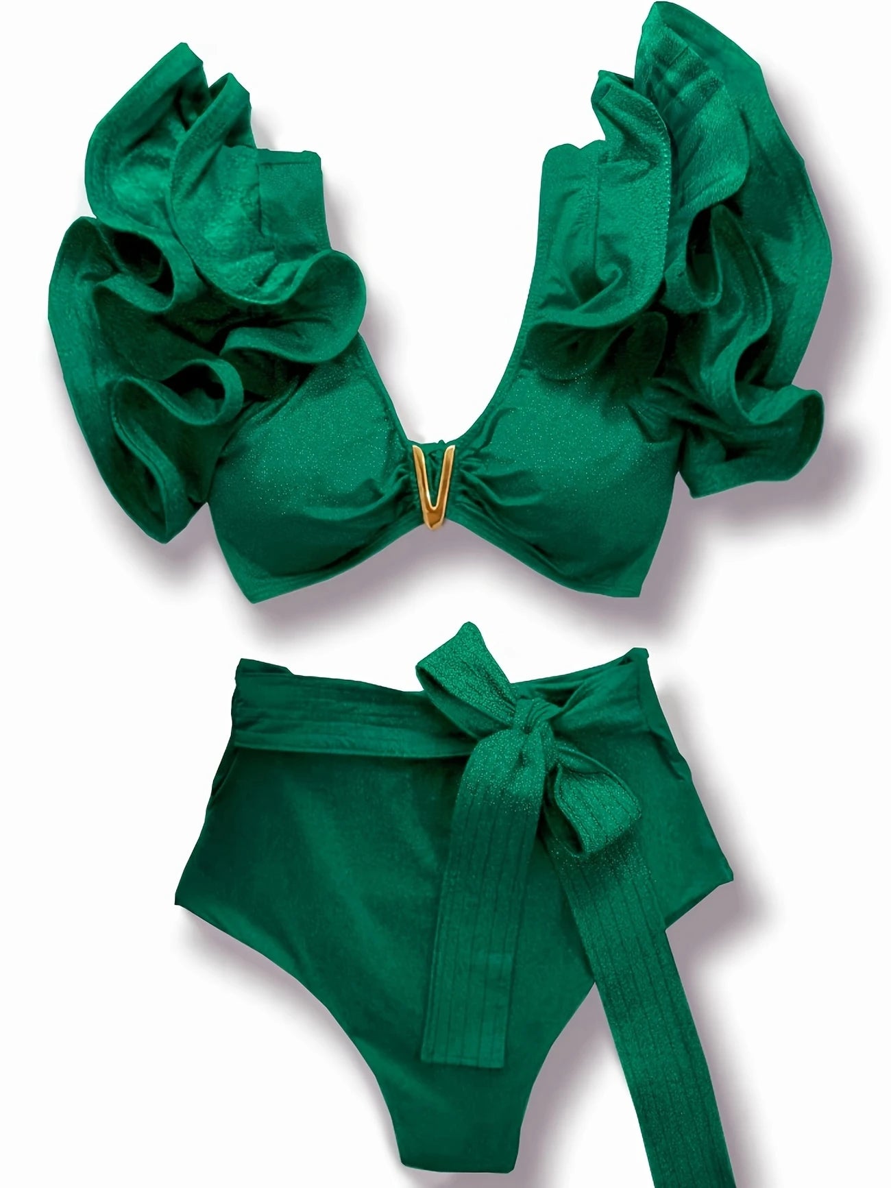 Bikini à volants – Haut élégant avec décolleté doré et culotte nouée avec grand nœud