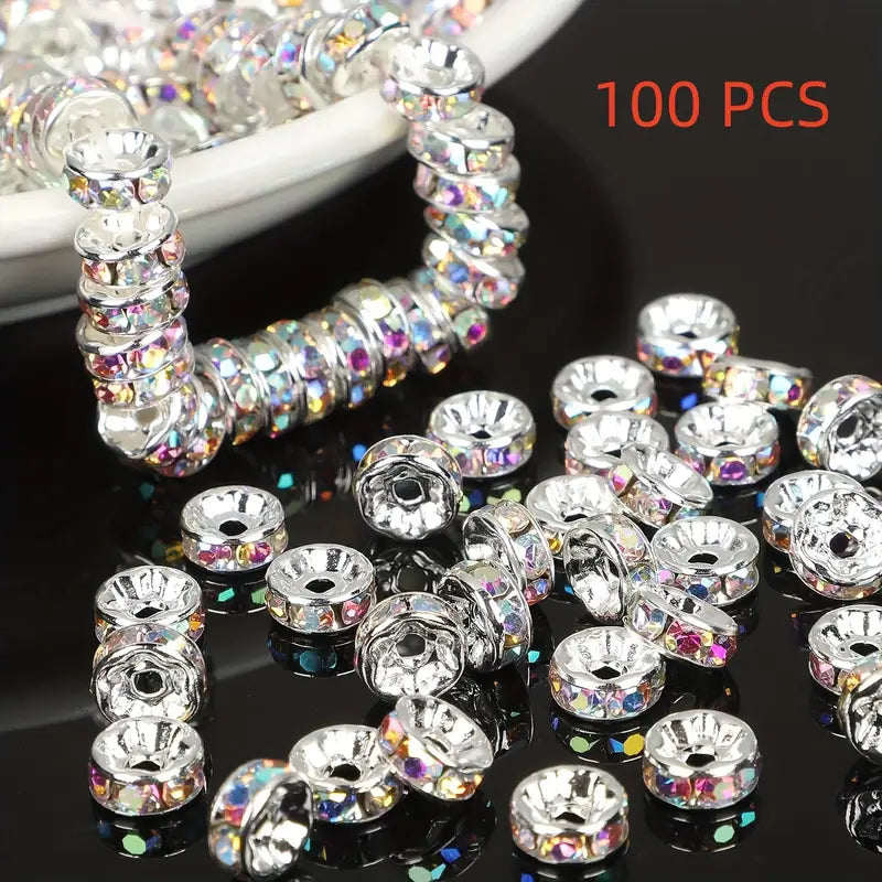 100 Perles Rondelles Strass Argentées – Intercalaires Brillants pour Création de Bijoux DIY