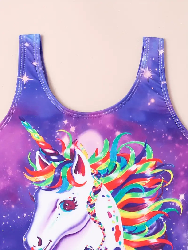Maillot de bain fille une pièce licorne – Maillot violet arc-en-ciel avec volants
