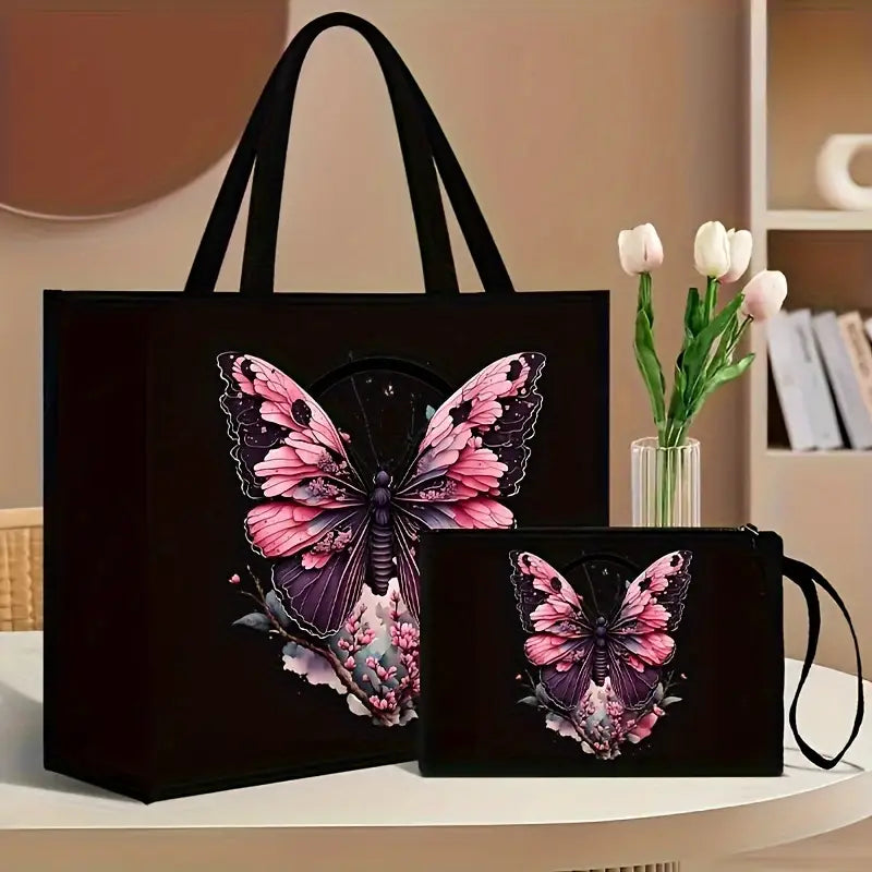 Lot de sacs à main femme  Cabas et pochette motif papillons et fleurs élégantes