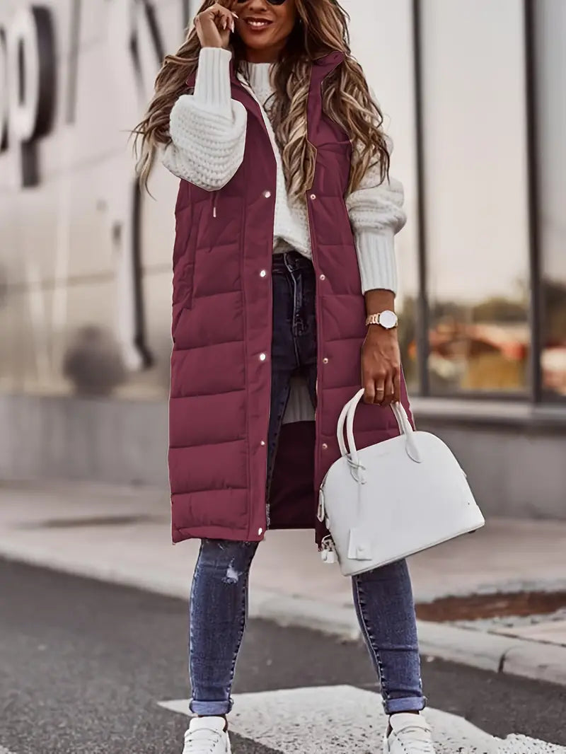 Doudoune Longue Sans Manches Femme avec Capuche – Gilet Matelassé Chaud Idéal pour l’Hiver