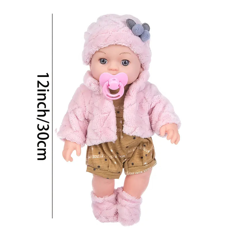 Poupée bébé réaliste 30 cm avec tétine – Habillée en tenue d’hiver rose, jouet interactif pour enfants