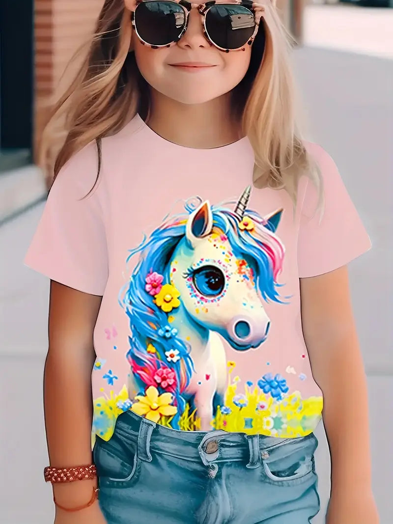 T-shirt Fille Licorne Colorée – Haut Enfant Manches Courtes Imprimé Fantaisie et Tendance