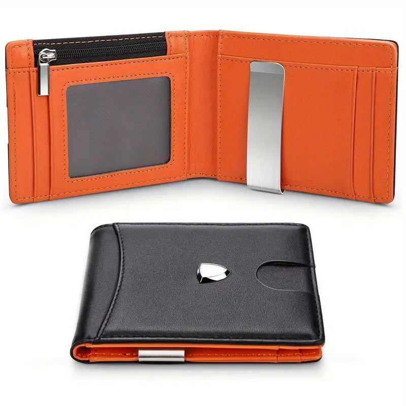 Portefeuille homme cuir noir et orange – Design moderne avec pince à billets et porte-cartes