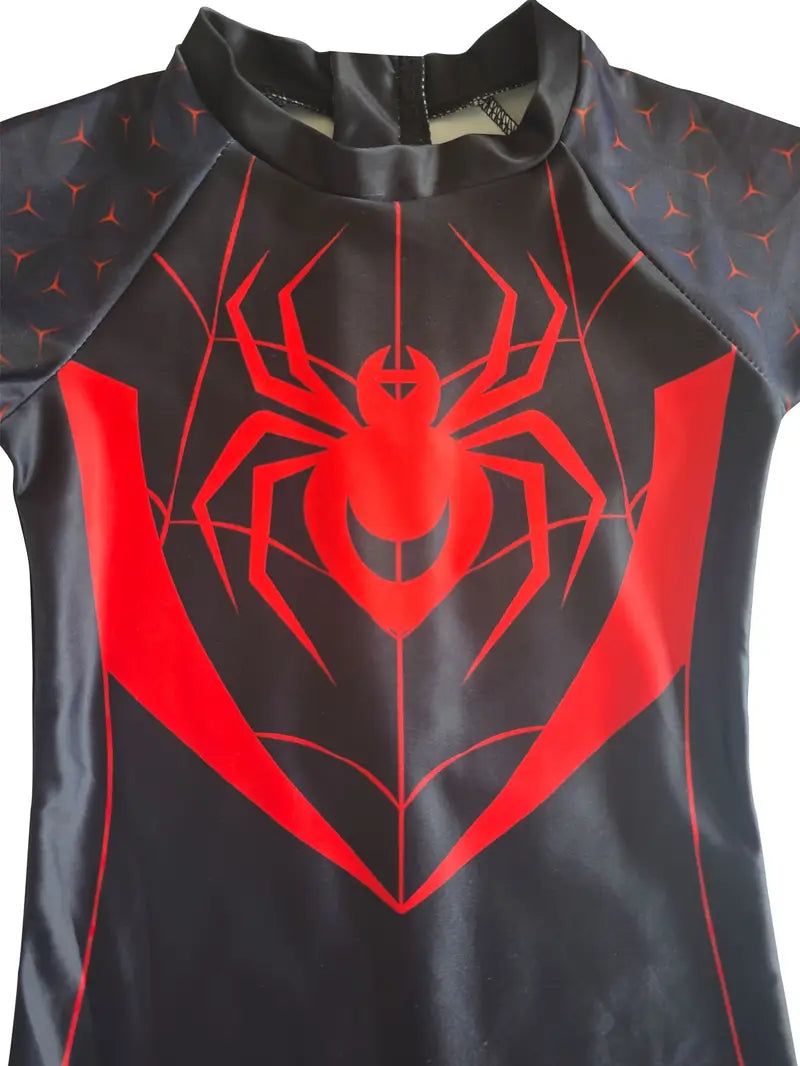 Maillot de bain garçon une pièce noir et rouge motif super-héros araignée + bonnet – Combinaison anti-UV été