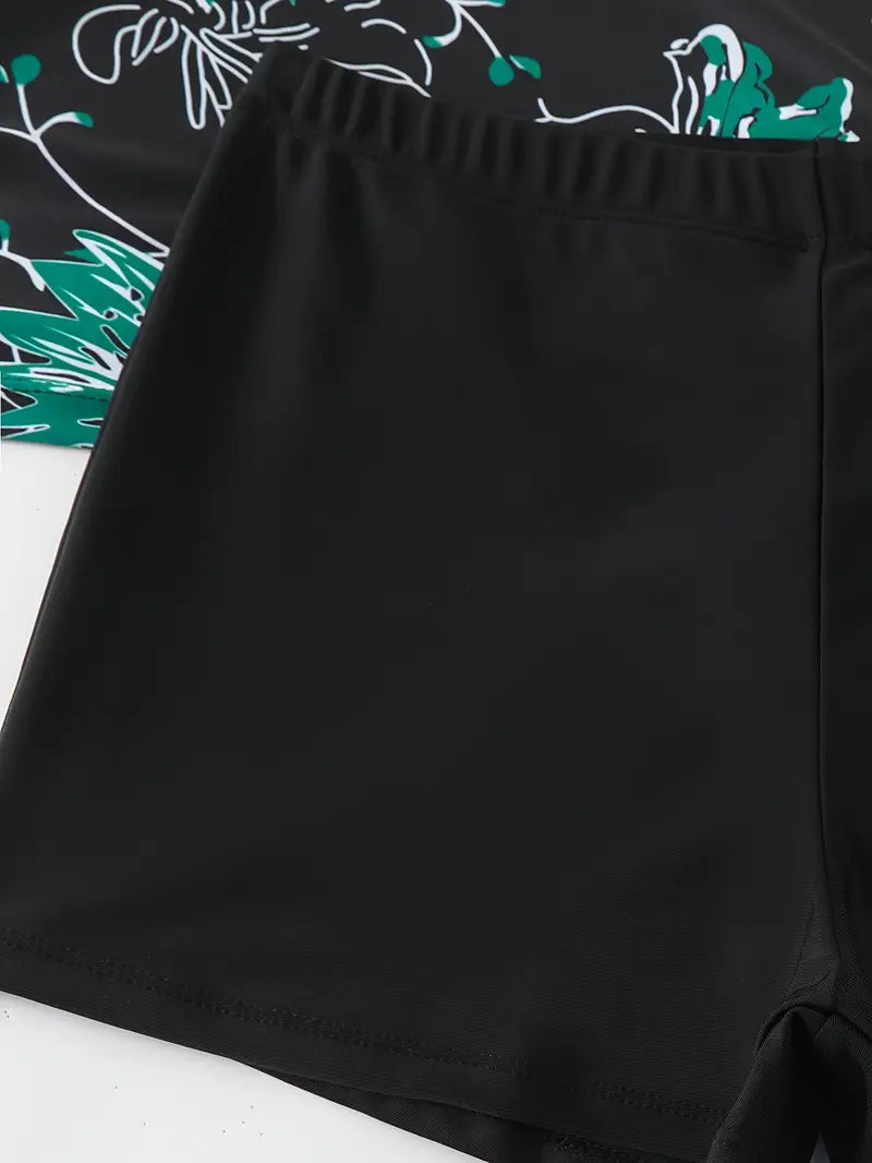 Tankini shorty noir à fleurs – Ensemble deux pièces sport chic
