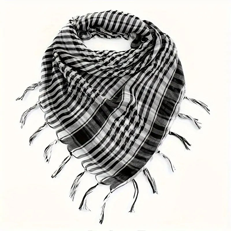 Écharpe keffieh homme noir et blanc – Chèche léger à franges pour style moderne et décontracté
