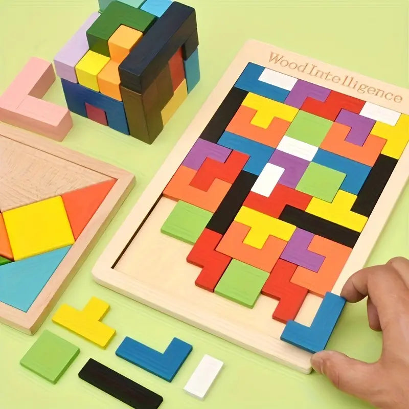 Casse-Tête Tetris en Bois – Puzzle Éducatif Coloré pour Enfants et Adultes, Jeu de Logique et Réflexion